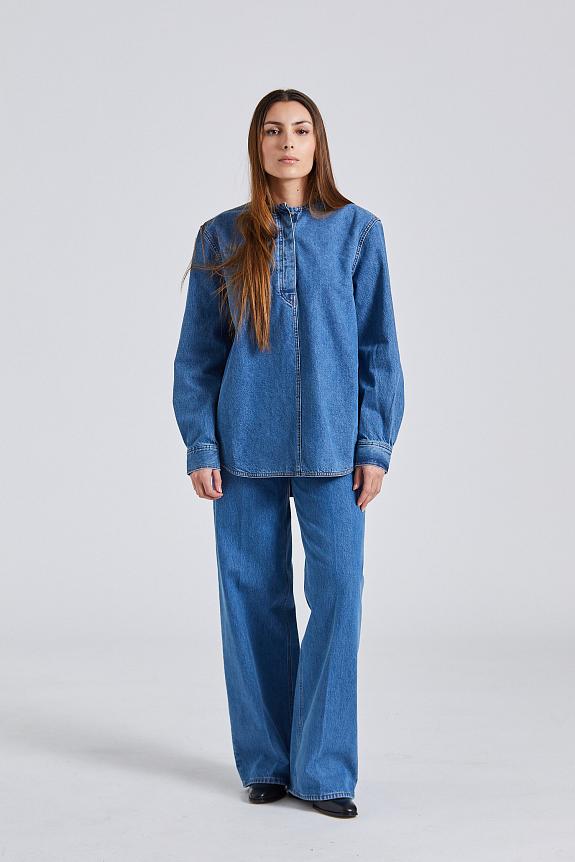 Toteme Collarless Denim Shirt Vibrant Blue 